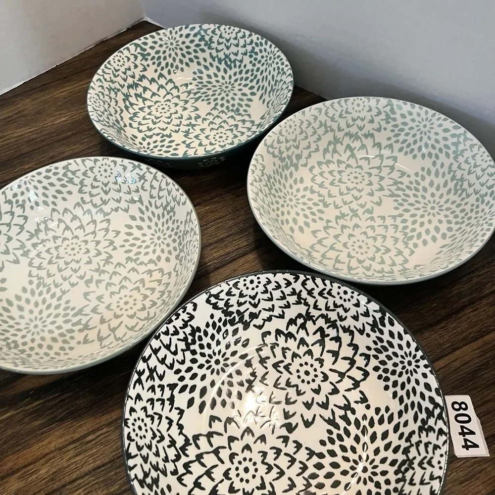 4 Signature Housewares Stoneware Bowls coastal blue green pattern 8